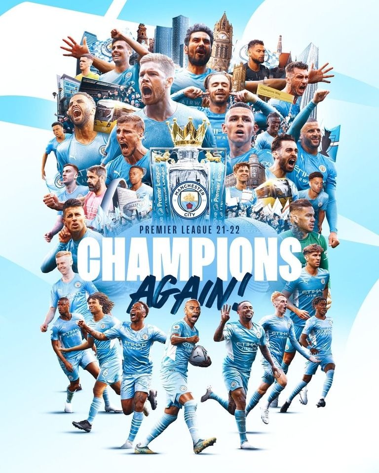 На зображенні може бути: 8 людей та текст «ANCHESTE CITY PREMIER LEAGUE 21-22 CHAMPIONS AGAIN!»